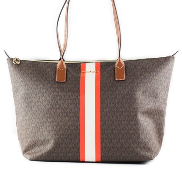 Michael Kors Handbags - NWT Michael Kors Travel Large Tote Leather Stripe Tangerine Zip Shoulder Handbag